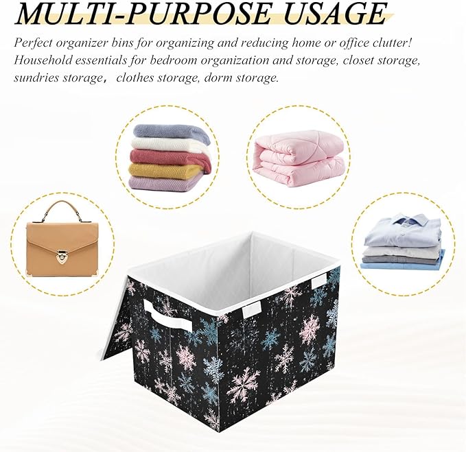 Snowflakes Pattern Storage Cube Bins Basket with Lid Collapsible Flip-top Fabric with Handle for Home Bedroom Closet Office 16.5×12.6×11.8 in