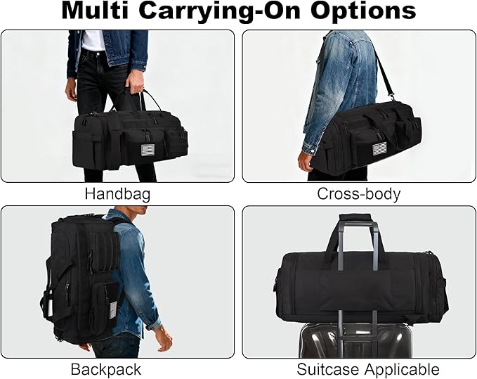 LHI 50L Tactical Duffle Bag for Men 3-in-1 Gym Duffle and Backpack Shoe Compartment Laptop Sleeve and MOLLE Carry-On Travel Weekender and Overnight Bag – Black