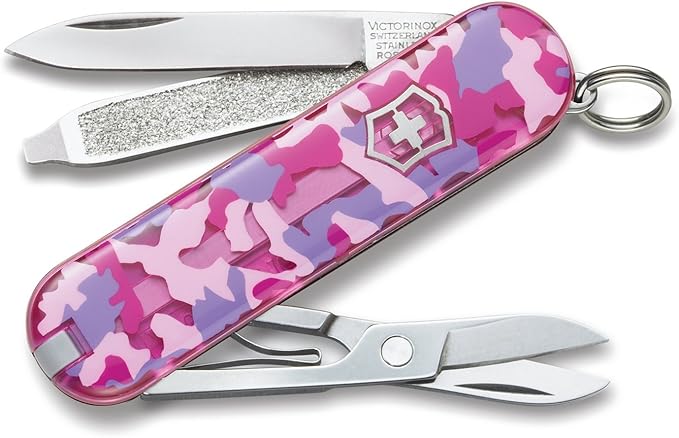 Victorinox Classic SD Swiss Army Knife Compact 7 Functions Swiss Made Pocket Knife with Small Blade Screwdriver and Key Ring - Pink Camouflage