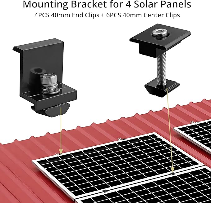Anbte 10 PCS Solar Panels Brackets 40mm Aluminium 6 x T-Shaped Mid Clamps + 4 x End Clamps Solar Panel Mounting Brackets for Metal Tin Flat Sheet Roofs RV Black