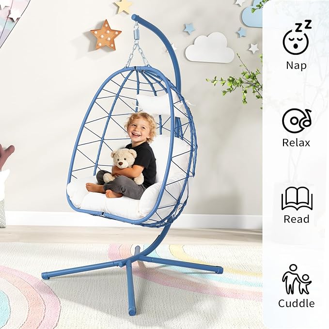 Hanging Egg Chair with Stand Outdoor Indoor Patio Rattan Swing Hammock Chairs with Washable Cushion PE Wicker Swing Chair for Backyard Bedroom Garden (Blue + White Cushion No Footrest)