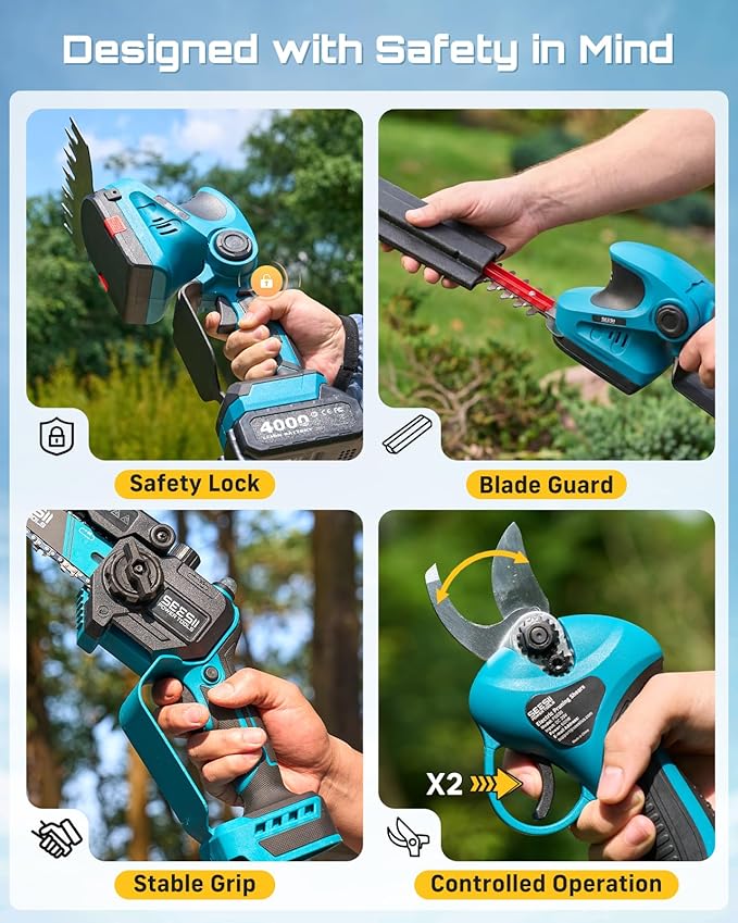 SEESII Electric Chainsaw Trimmer Pruner: 3-in-1 Cordless Chainsaw Hedge Trimmer Pruning Shears with 2× Rechargeable 4000mAh Batteries Garden Tool Kit for Tree Trimming and Branch Cutting