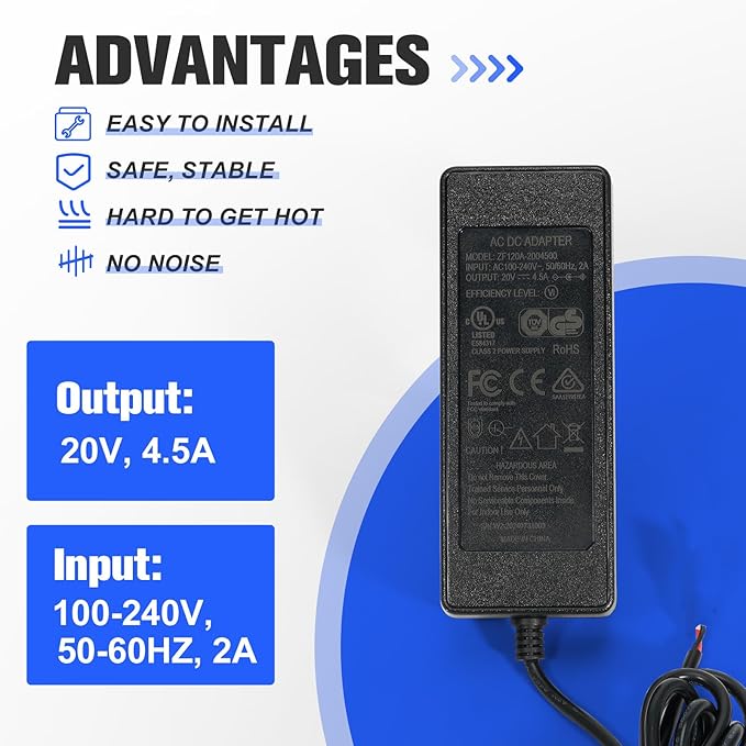 KIT0480 AC/DC Adapter 20V 4.5A Power Brick Fit for Century Ironwood Traeger Pro Redland Silverton Timberline Grilles Switching Power Supply Cord Cable Battery Charger PSU Replace ELE143