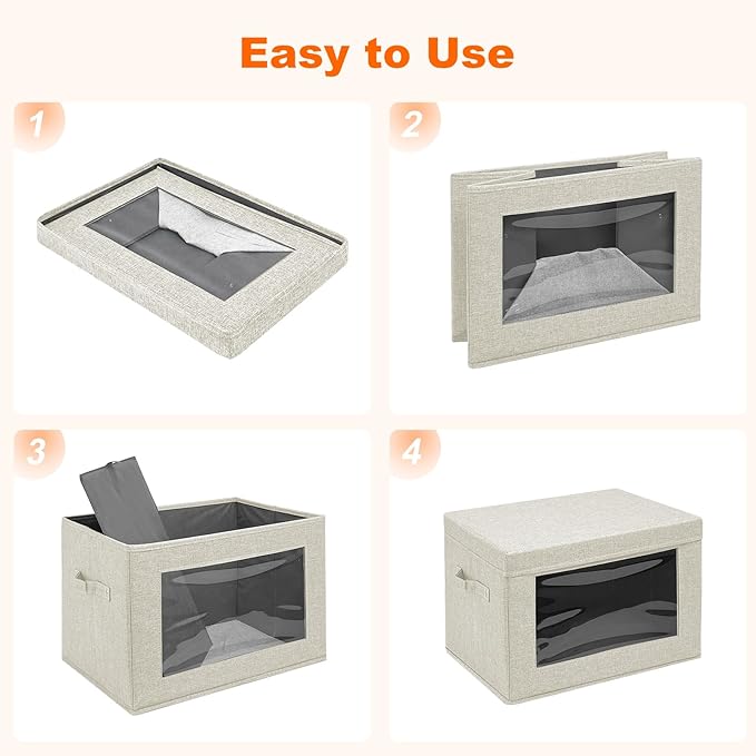 4-Pack Fabric Storage Bins with Lids Foldable Storage Boxes with Handles &amp Clear Window Closet Organizers for Clothes Books (Beige 4PCS/14.9 x 9.8 x 9.8 in)
