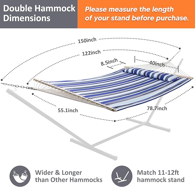 SUNCREAT Hammocks Quilted Fabric Hammock Double Hammock with Spreader Bar Soft Pillow Max 475lbs Capacity Blue Stripes