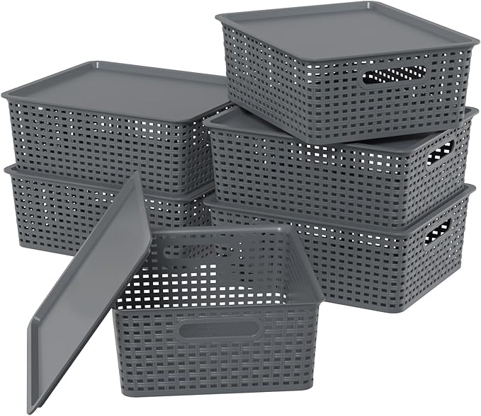 6-Pack Medium Plastic Storage Baskets Bins with Lid Lidded Storage Organizer Bins for Cabinets Countertop Shelves Gray