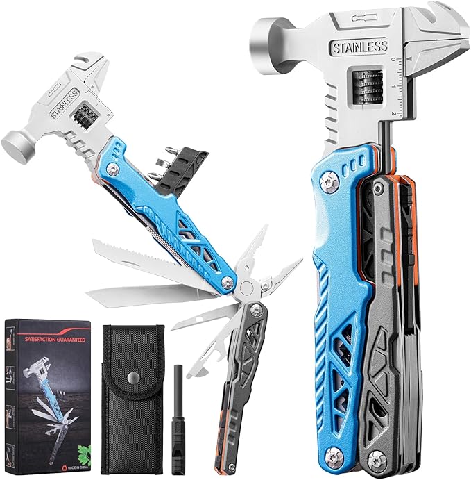18-in-1 Multitool with Hammer &amp Adjustable Wrench Heavy-Duty Stainless Steel Folding Multi Tool Pliers for Camping Survival &amp Emergency Practical Gifts for Men &amp Dad (Blue)