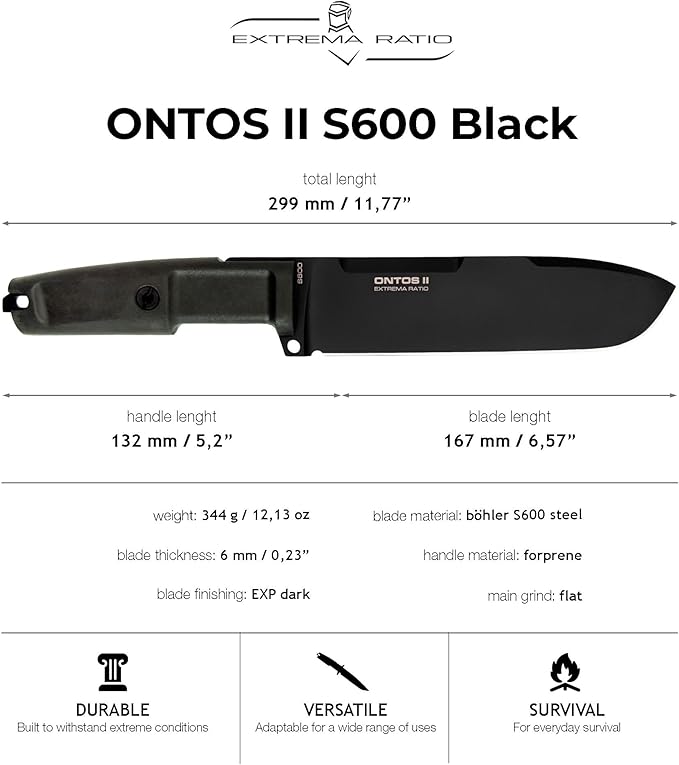 Extrema Ratio - Ontos II S600 (BLACK) Fixed Blade Knife S600 steel blade hardened to 58 HRC black burnished finish paracord-wrapped handle rear striking pommel handcrafted in Italy