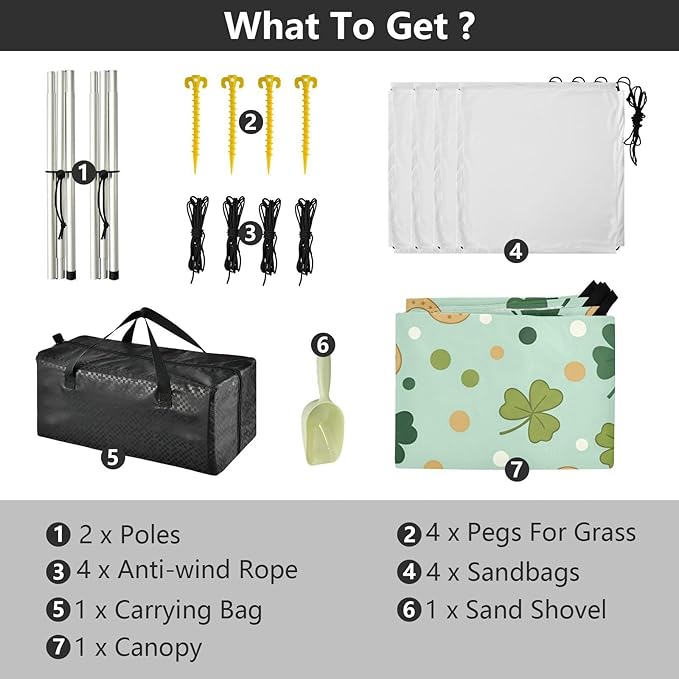 Beach Canopy with Windproof Ropes &amp Sandbags Beach Tent Sun Shade Sun Shelter for Camping Trips Fishing Backyard Fun or Picnics St. Patrick's Day Clover