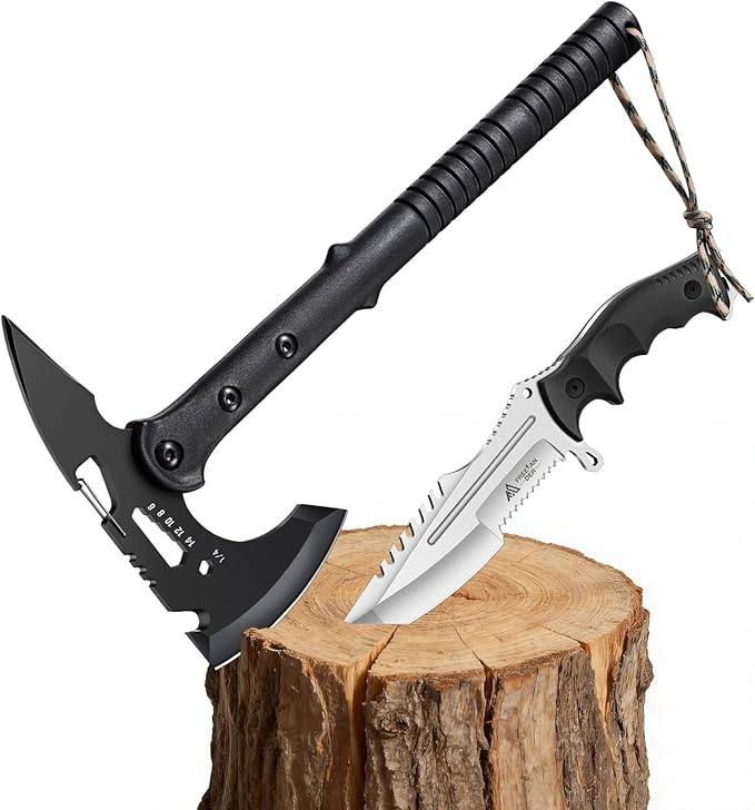 Freelander Outdoor Axe Hatchet with Sheath and Fixed Blade KnifePlain &amp Serrated Edge