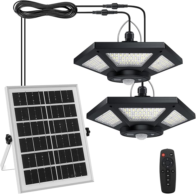 Aqonsie Solar Shed Light Indoor Outdoor 180LED Dual Head Solar Powered Pandent Daytime Work Lights with 5 Lighting Modes &amp 3 Timers Solar Indoor Lights Motion Sensor with Remote for Shed Barn Gar