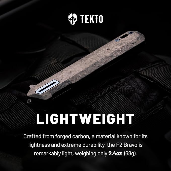 TEKTO F2 Bravo Folding Pocket Knife - D2 Steel Blade Ceramic Ball Bearings - EDC - Snap Swift Flip for Camping Backpacking - 2.4oz (68g) G10 Forged Carbon Handle Blue Titanium Accents
