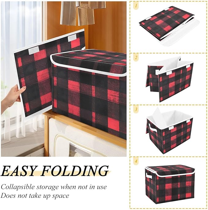 Storage Cube with Lid Black and Red Plaid Print 16.5×12.6×11.8 IN Collapsible Large Capacity Foldable Storage Basket Bin Organizer