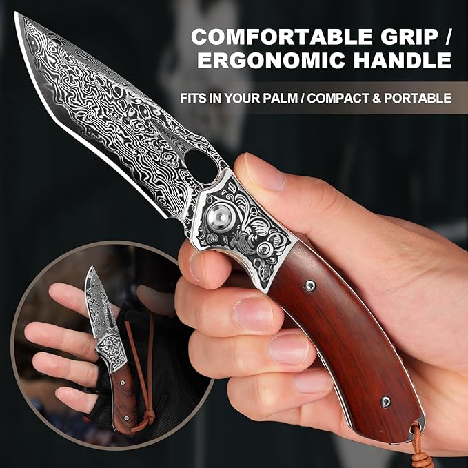 2-PCS VG10 Damascus Pocket Knife Set for Men — Folding Knife with Leather Sheath for Gifting Collecting&amp Outdoor Use