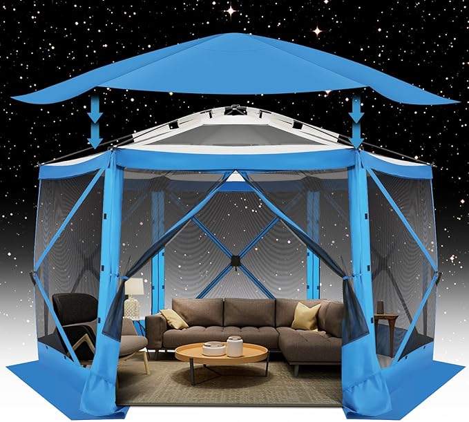 COBIZI 12x12FT Pop Up Gazebo Screen Tent Screen House for Camping Screen Room with Mosquito Netting Hub Tent Instant Screened Canopy with Carrying Bag and Ground Stakes Blue(Upgraded)