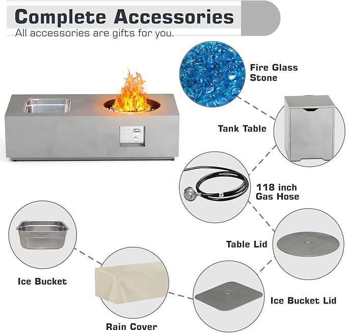 2-Piece 48 Rectangular Propane Fire Pit for Outside Patio with Hidden Tank Table &amp Ice Bucket 50000 BTU Fireplaces with Lid Glass Rocks Cover(Grey w/Ice Bucket)