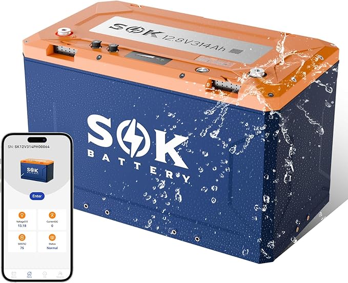 SOK Battery 12V 314Ah LiFePO4 Battery Marine Grade Low-Temp Protection Power Outage Built-in Heater ABS Casing for RV or Solar Marine Boat and Wind Off-grid Applications