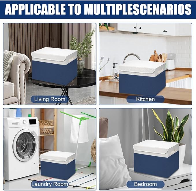 Bagnizer Large 42 Quarts Fabric Storage Bins with Lids [2-Pack] Linen Collapsible Foldable Baskets Closet Organizer Containers boxes with Handles for Home Office (16.7 x 12 x 12 Navy Blue &amp Whit