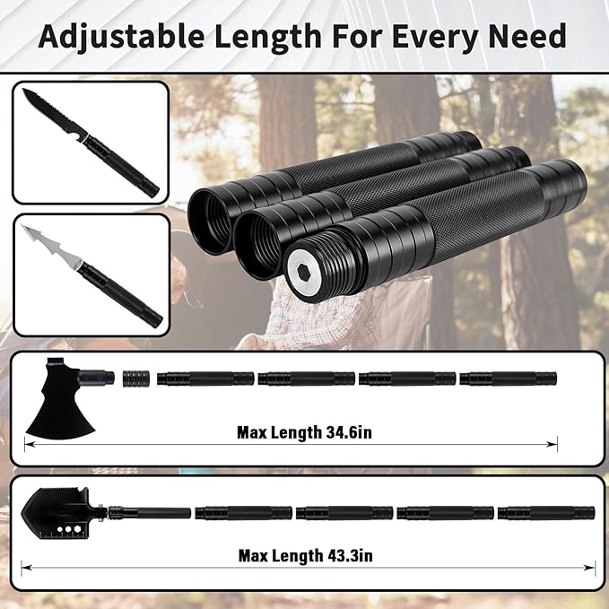 Survival Shovel Survival Axe Heavy-Duty Carbon Steel Camping Folding Shovel with Multiple Extension Handles(7.3-21.9In) Suitable for Survival Tools in Camping Off-Road Excavation and Hiking