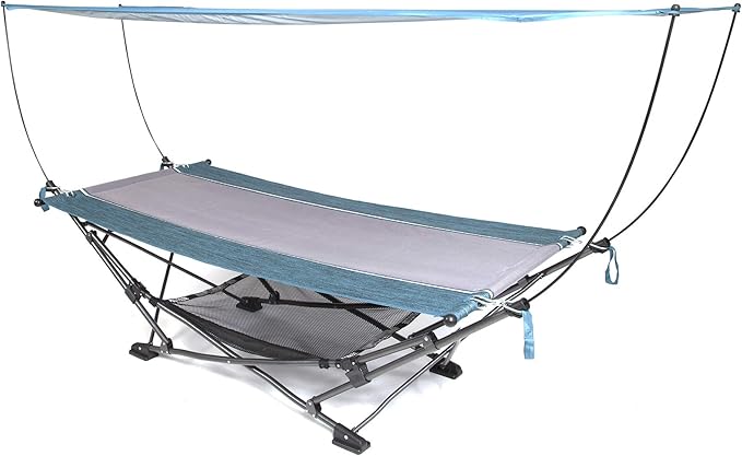 MacSports Collapsible Portable Folding Hammock with Removable Canopy - Includes Pillow and Mesh Storage Net Freestanding Heavy Duty Outdoor Hammock (Teal)