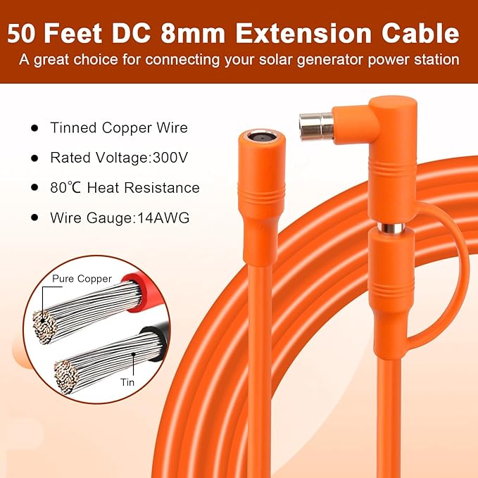 MOOKEERF 14AWG DC 8mm Extension Cable for Solar Panel 50FTDC7909 Solar Panel Cable Female to Male with DC8020 Male Adapter Compatible with AkerGZ YetiBLUETTJackery Portable Power Station - 50 Foot