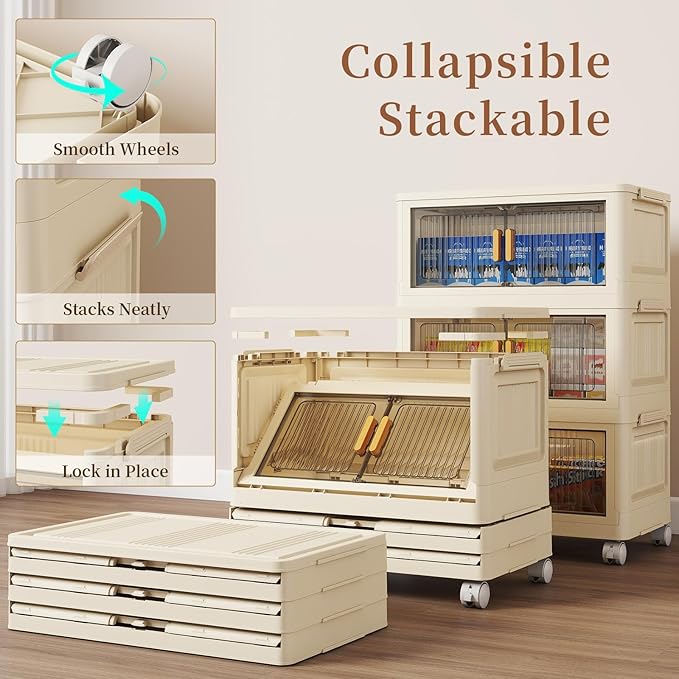 3 Tier Stackable Plastic Storage Bins with Lids 58QT Collapsible Closet Organizers and Storage with Wheels for Living RoomOfficeDorm