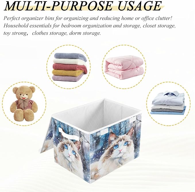 senya Winter Baskets Collapsible Storage Bins with Lids Ragdoll Cat in The Snow Storage Boxes Clothes Baskets for Organizing