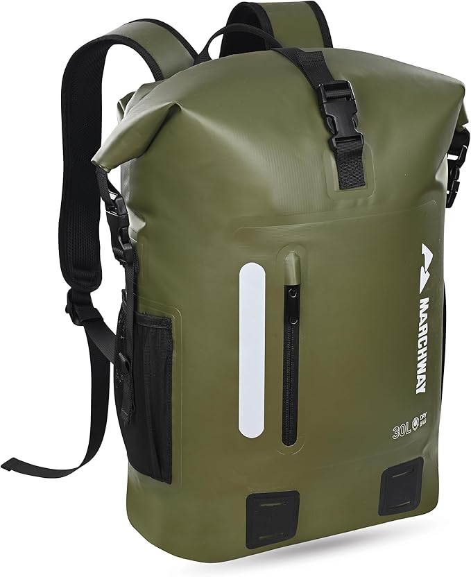 MARCHWAY Roll Top Waterproof Backpack Floating Dry Bag 20L/30L/45L with Ergonomic Rectangular Base Cushioned Back Hip Strap for Hiking Camping Kayaking Travel (Army Green 30L)