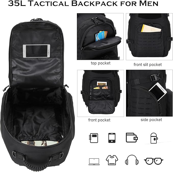 35L Tactical Backpack for Men Heavy Duty Military Backpack 3 Day Assault Pack Molle Backpack Hiking Rucksack (Black1)