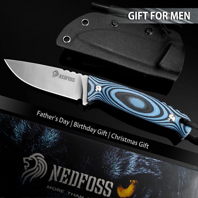 NedFoss Hyenas Bushcraft Knife with Fire Starter 3.5 440C Steel Camping Knife with Kydex Sheath Blue G10 Handle for Outdoor TAC Gift