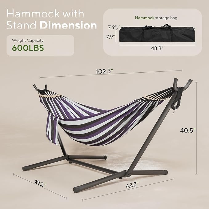 600lbs Hammock with Stand for Outside 2 Person Portable Hammock with Side Storage Carrying Bag Expend Wooden Bar for Outdoor or Indoor (Purple Black)