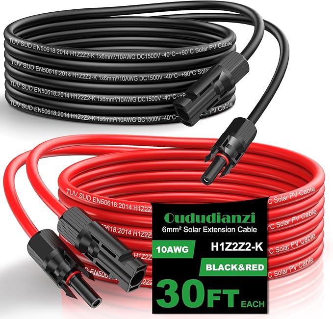 Oududianzi Solar Extension Cable 30Ft 10AWG Solar Wire 10 Gauge Tinned Copper PV Wire Solar Panel Cables with Waterproof Male and Female Connectors for Home Boat RV Solar Photovoltaic Systems