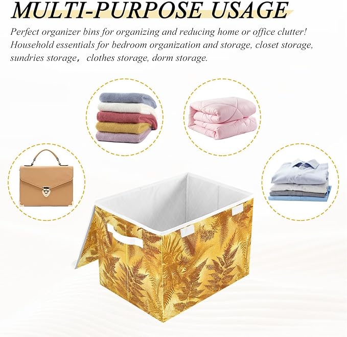 Storage Cube with Lid Golden Leaf Print 16.5×12.6×11.8 IN 1 Pack Collapsible Large Capacity Foldable Storage Basket Bin Organizer