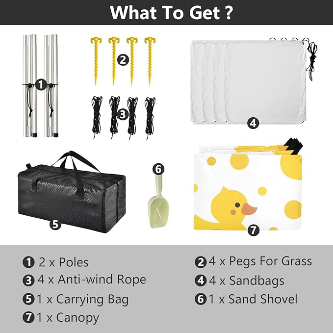 ALAZA Yellow Duck Polka Dot Beach Tent Sun Shelter UPF50+ Protection Beach Shade Canopy w/ 4 Sandbags for Outdoor Camping Fishing Backyard Fun Picnic 10x9 ft