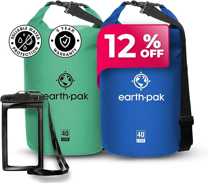 Earth Pak Waterproof Dry Bag - Roll Top Waterproof Backpack Sack (Seafoam Green 40L &amp Blue 40L)