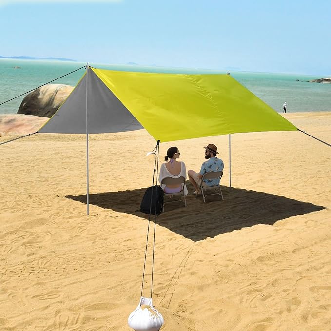 Yellow Gradient Foldable Beach Cabana UPF50+ Waterproof Large Portable Sun Shelter with Sand Shovel Sandbags for Backyard and Camping