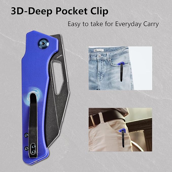 KANSEPT Egress Pocket Knives 8.24in Folding Knife with Black Stonewashed 14C28N Blade Blue G10 Handle Pocket Tactical Knife for Men Women Envelope Opener with Thumb hole T1033A2