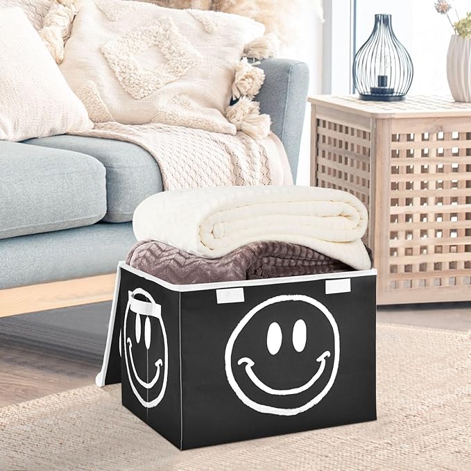 Happy Face Black White Large Storage Bins with Lid Foldable Storage Cubes Fabric Closet Organizer Containers Box Baskets with Flip-Top Lid for Home Office 16.5” x 12.6” x 11.8”