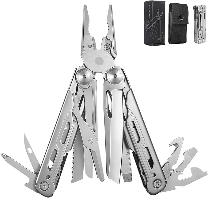 Multitool 15-in-1 Full-Size Lightweight EDC Multi-Purpose Pliers Stainless Steel Camping Knives &amp Tools Tactical Outdoor Gear Mens Gifts Ideas Gifts for Hunters Men who have Everything(Sil