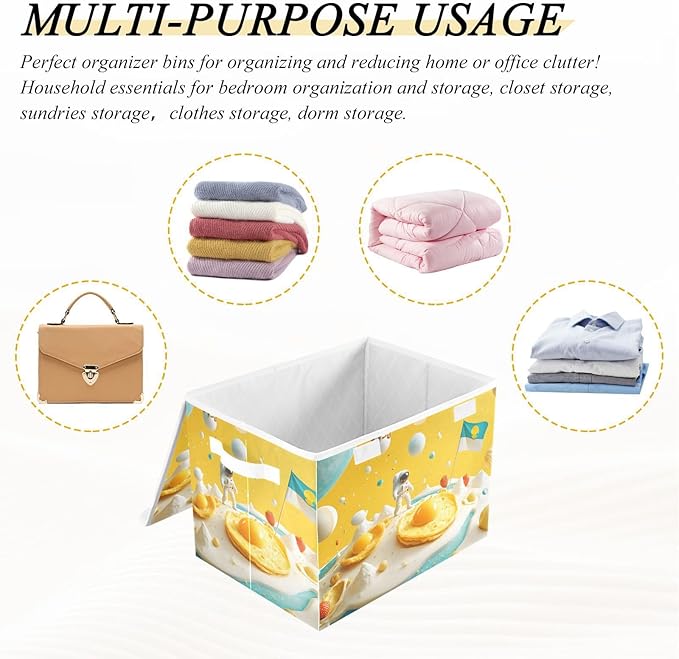 Cartoon Astronaut Storage Cube Bins Basket with Lid Collapsible Flip-top Fabric with Handle for Home Bedroom Closet Office 16.5×12.6×11.8 in