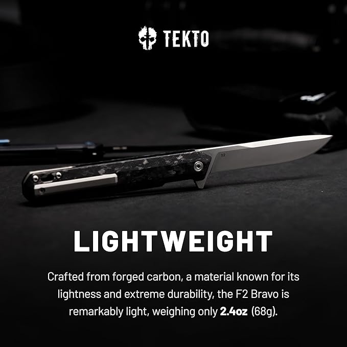 TEKTO F2 Bravo Folding Knife Pocket - D2 Steel Blade Ceramic Ball Bearings - EDC - Snap Swift Flip - Camping Backpacking - 2.4oz (68g) Forged Carbon Handle Silver Titanium Accents