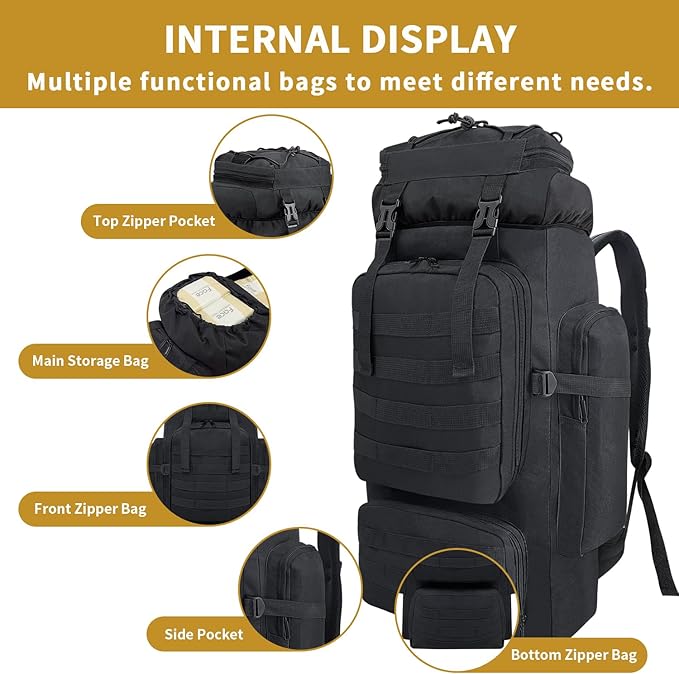 80L Hiking Backpack Men Camping Backpack Waterproof MOLLE Military Tactical Rucksack Large Capacity Assault Pack for Outdoor Survival Trekking Travel (Black)
