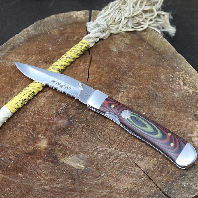 WHISKEY BENT HAT CO. Locking Trapper Folding Pocket Knife 4.125 Closed Length 440C Stainless Steel Blades (Desert Sand - Serrated)