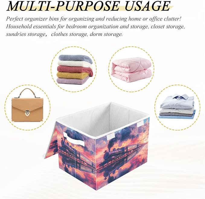 Storage Cube with Lid Surreal Train Print 16.5×12.6×11.8 IN Collapsible Large Capacity Foldable Storage Basket Bin Organizer