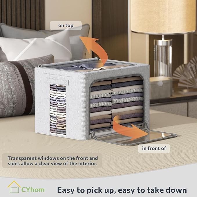 CYhom Clothes Storage Bins Box - Foldable Stackable Container Organizer Set with Clear Window &amp Carry Handles &amp Metal Frame - 2Pack Large Capacity for Bedding Blankets Books