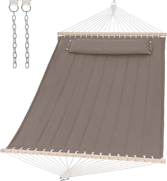 SUNCREAT Double Quilted Hammock with Hardwood Spreader Bar Extra Large Soft Pillow Heavy Duty 2 Person Hammock for Indoor Outdoor Brown