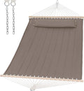 SUNCREAT Double Quilted Hammock with Hardwood Spreader Bar Extra Large Soft Pillow Heavy Duty 2 Person Hammock for Indoor Outdoor Brown