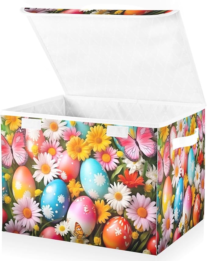 Christmas Storage Baskets with Lids Colorful Eggs and Butterflies (2) Collapsible Bins Stackable Fabric Linen Baskets Closet Organizer Container 16.5x12.6x11.8
