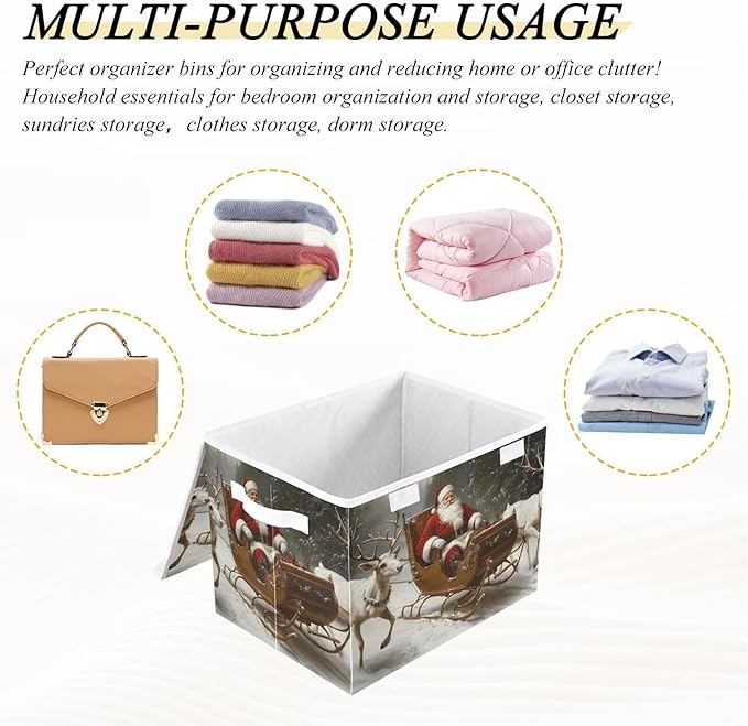 Collapsible Storage Bins Christmas Deers Santa Claus with Lids &amp Handles Foldable Storage Boxes Basket with Flip-Top Lid for Home Office 16.5” x 12.6” x 11.8”
