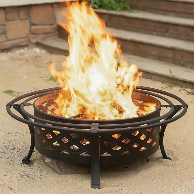 Panovue 42 Inch Outdoor Fire Pit with 2 LoopsCrossweave Wood Burning Fire Pits for Outsidewith Spark ScreenFire PokerRound Metal Firepit for PatioBackyardBeachCampingBonfire(42''Black)